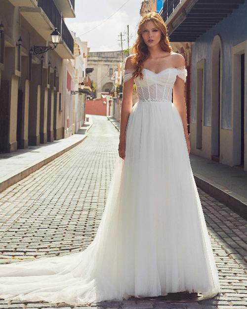 La23107 simple off the shoulder wedding dress with pockets and a line silhouette1